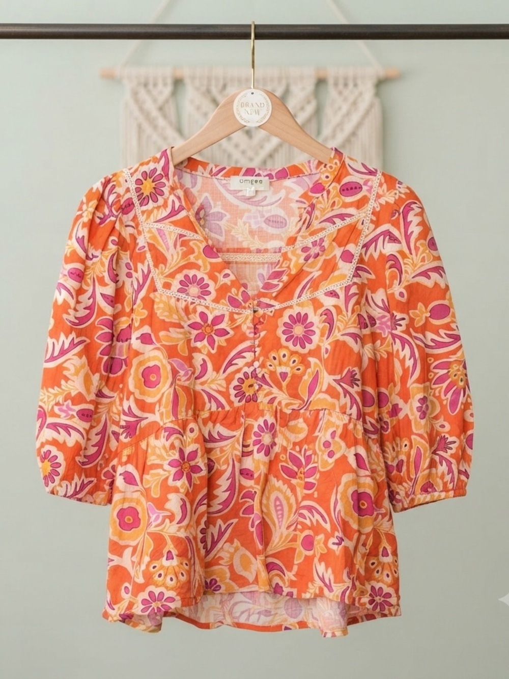Umgee Orange Floral Puff Sleeve Peasant Top